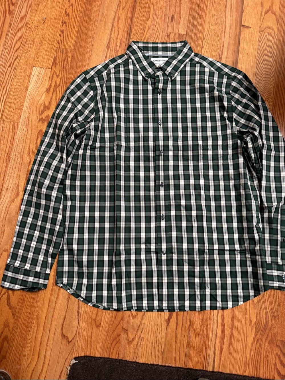 Lands' End Green and White Plaid Button-Down Shirt